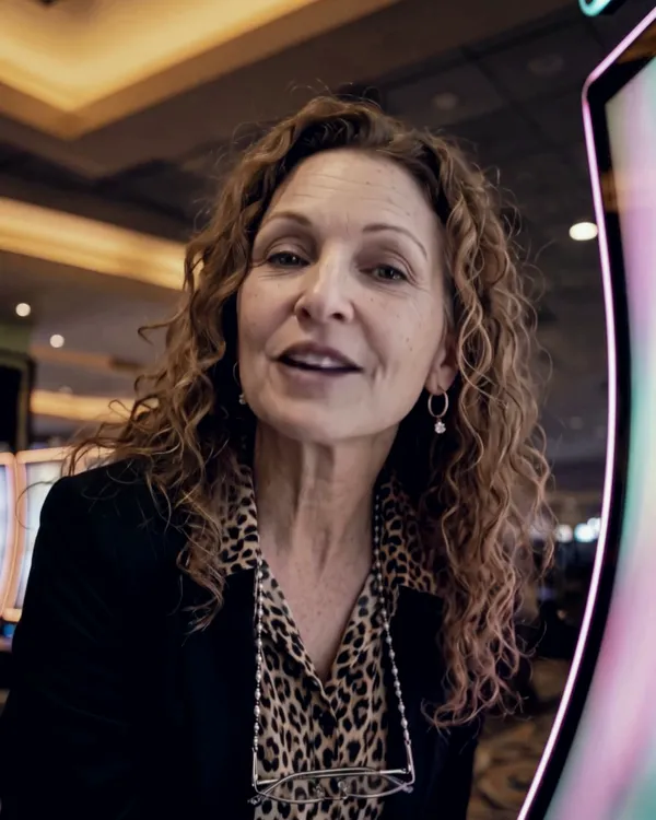 Isabella, a woman with curly auburn hair, at a slot machine