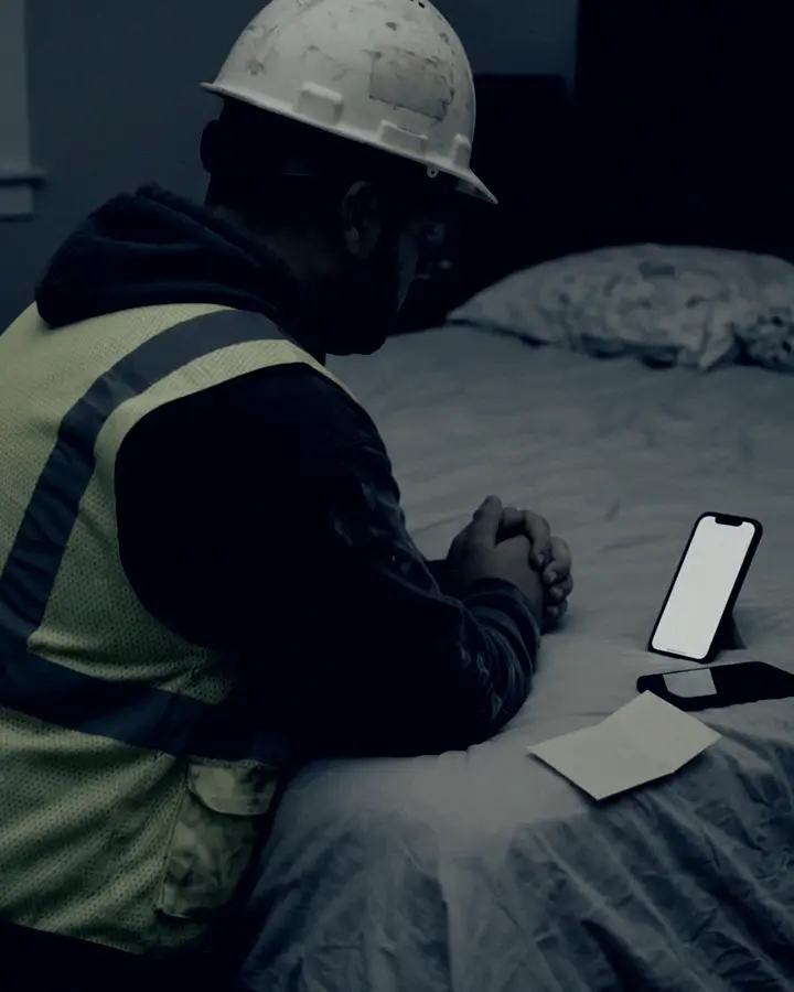 Vinny kneels by his bed at night, hands clasped, his phone glowing beside his mother's note